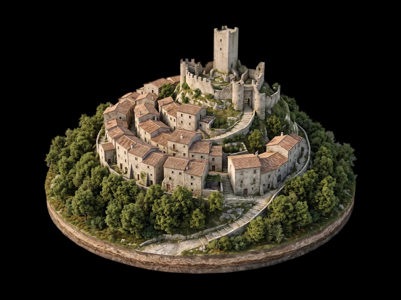 Plastico di un borgo arroccato attorno a un castello in rovina, circondato dai boschi